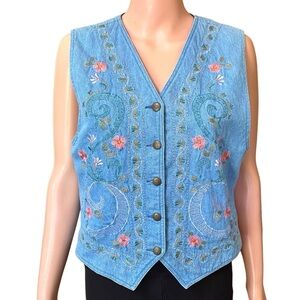 Lizwear Denim Embroidered Floral Vest Women’s Size Medium